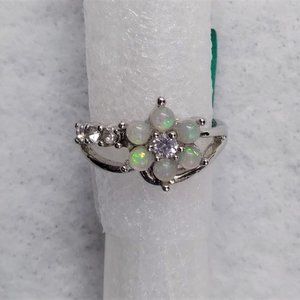 New Beautiful White Fire Synthetic Opal Flower White Gold Plated Ring - Size 7